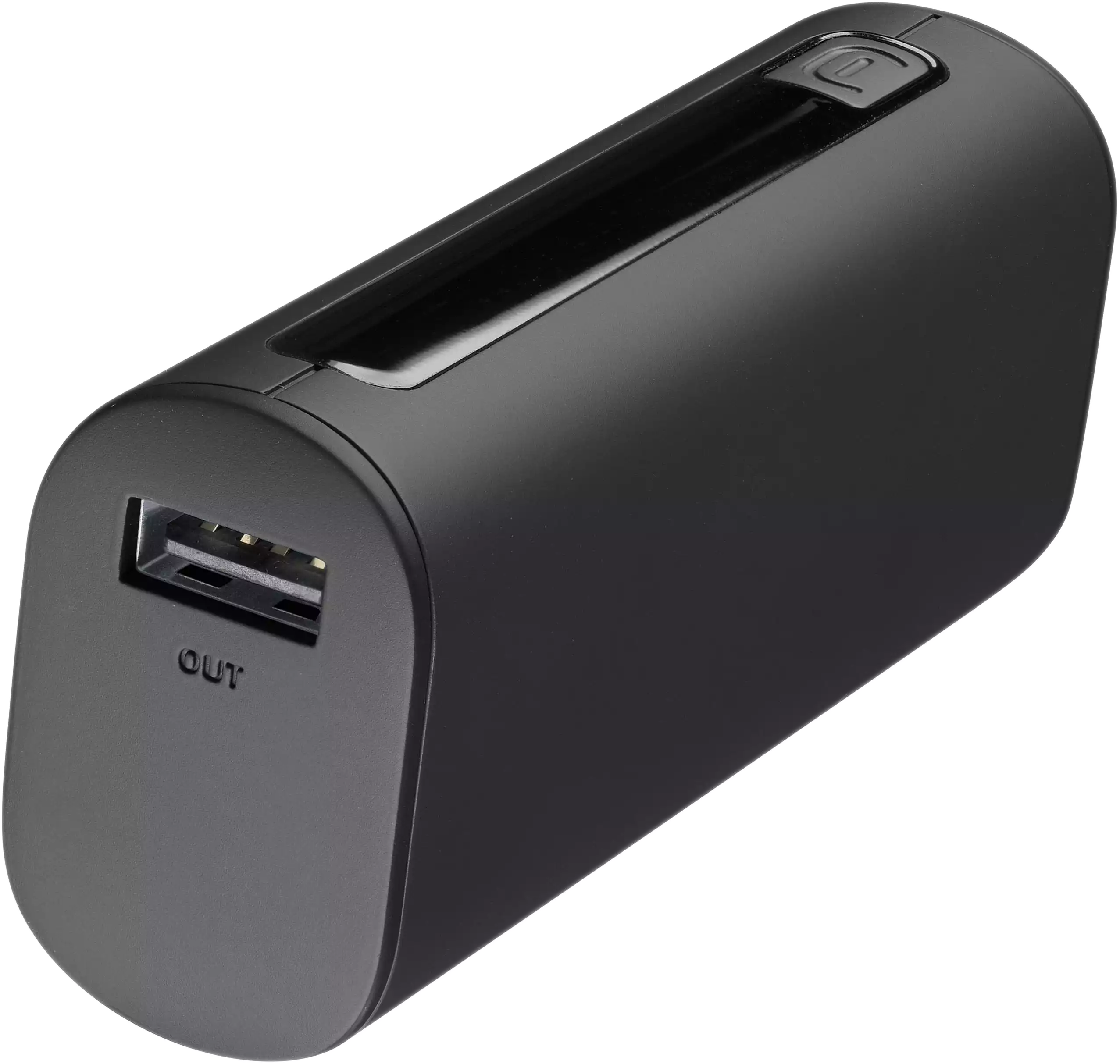 Eine schwarze Powerbank mit USB-Anschluss und Ein-/Aus-Taste. Das Wort 'OUT' ist sichtbar.