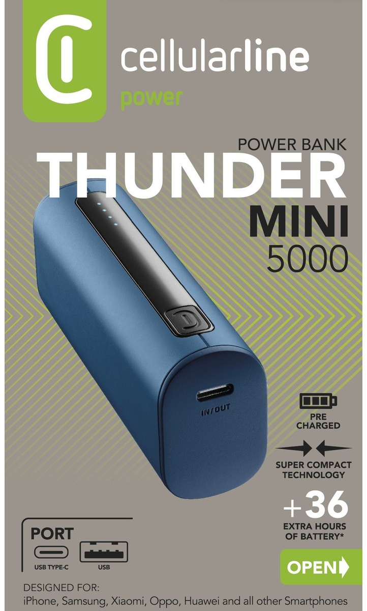 Blaue Powerbank mit Text, einem USB- und einem USB-C-Anschluss.