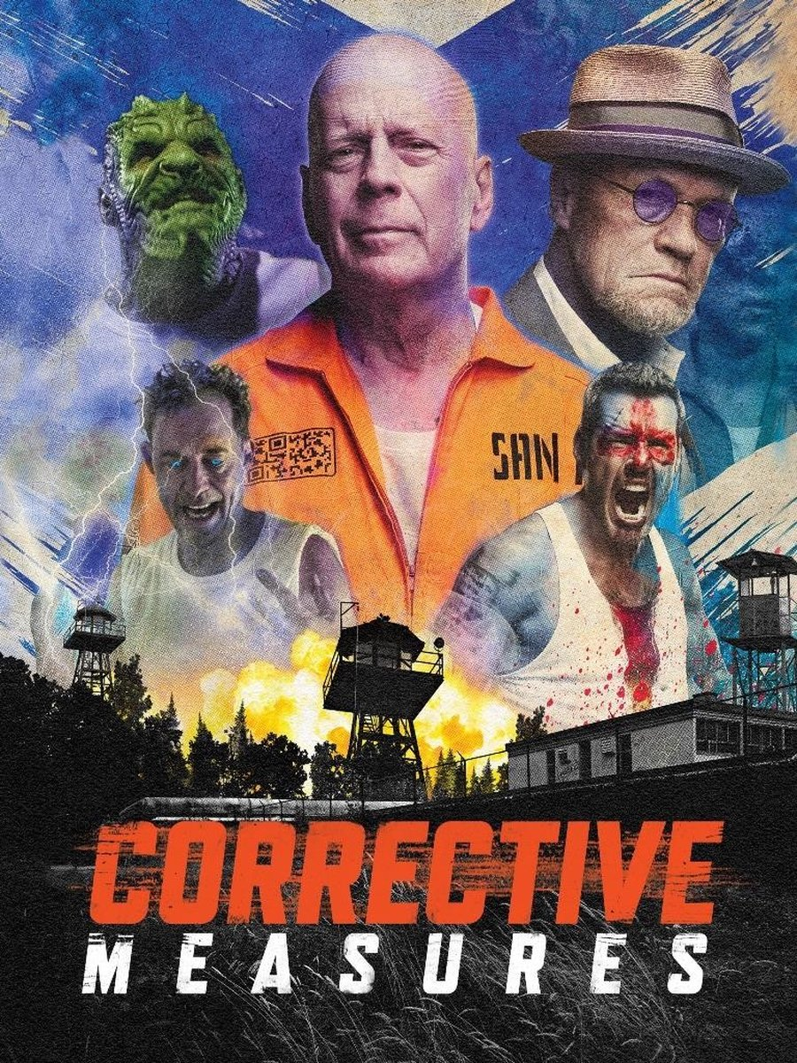Corrective Measures DVD-cover, met Bruce Willis en andere acteurs in een gevangenisomgeving.