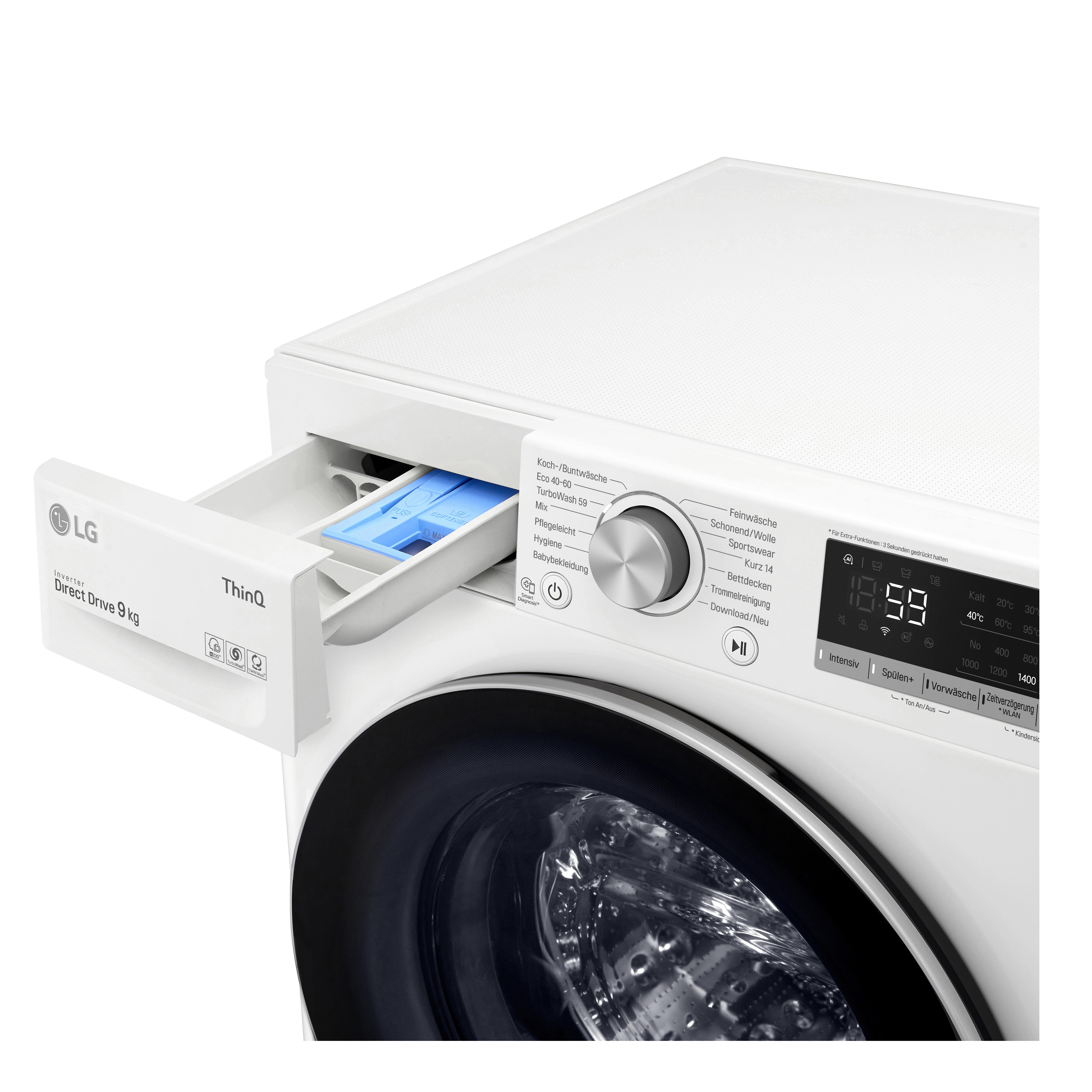 Weiße LG Waschmaschine mit geöffneter Waschmittelschublade, blaues Waschmittel sichtbar.