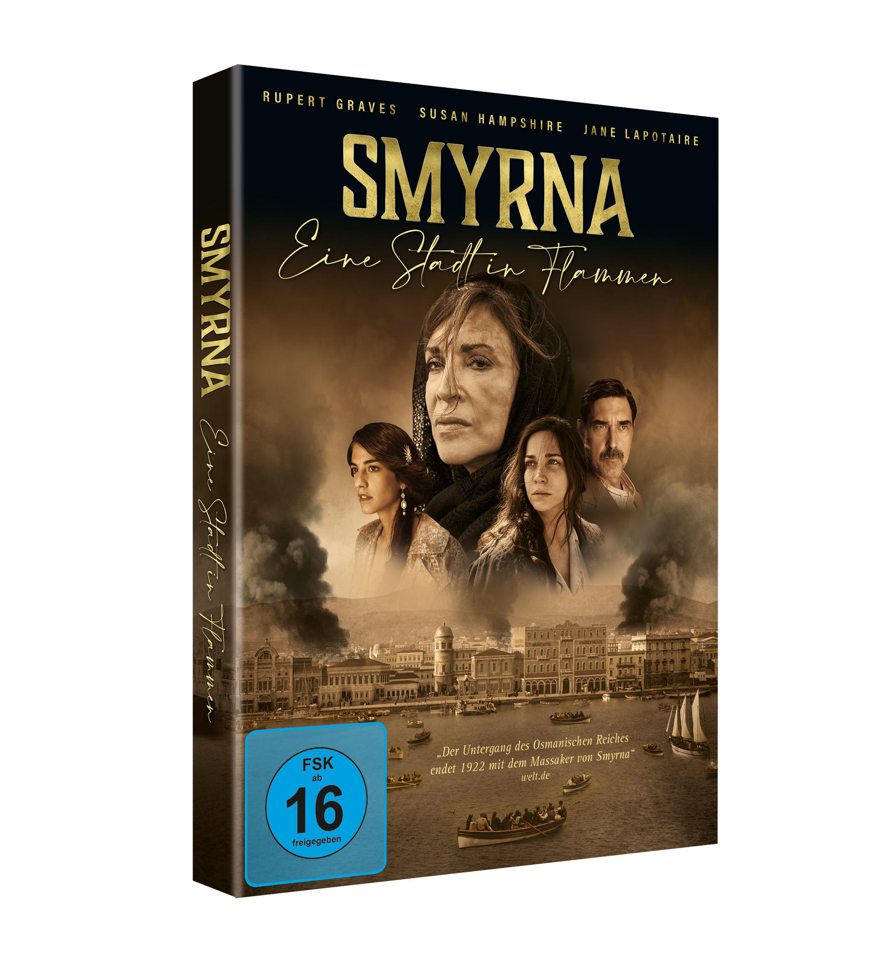 DVD-Box des Films Smyrna, mit Schauspielern und Stadtansicht, dunkler Hintergrund.