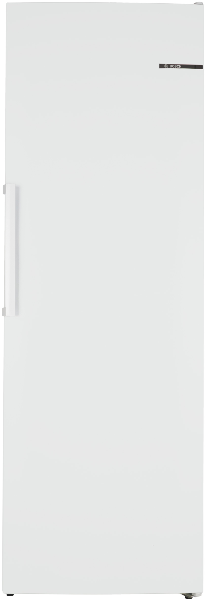 Een witte Bosch vriezer, heeft een handvat links en een Bosch logo rechts.