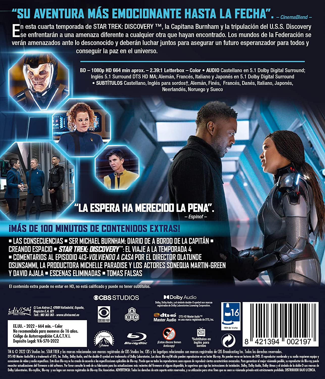 Parte trasera del DVD de Star Trek con fotos del elenco y texto en español. Incluye logotipos de CBS y Dolby.