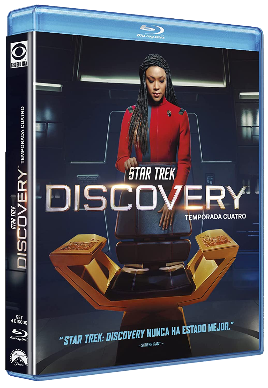 Caja DVD de Star Trek: Discovery. Mujer en uniforme rojo. Título e info de temporada.