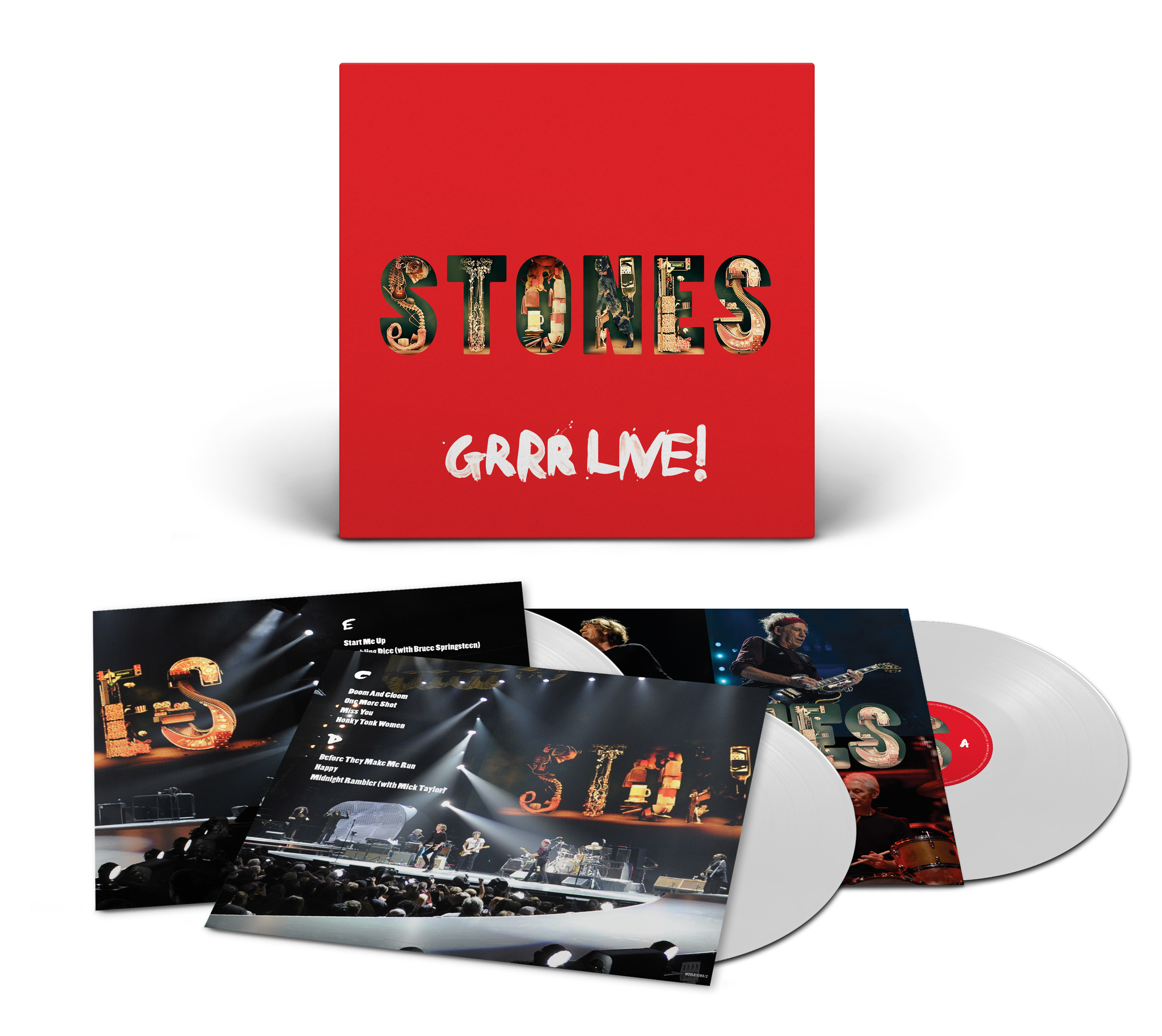 Eine rote Box mit dem Text „STONES GRRR LIVE!“ und Vinylplatten mit einer Band.