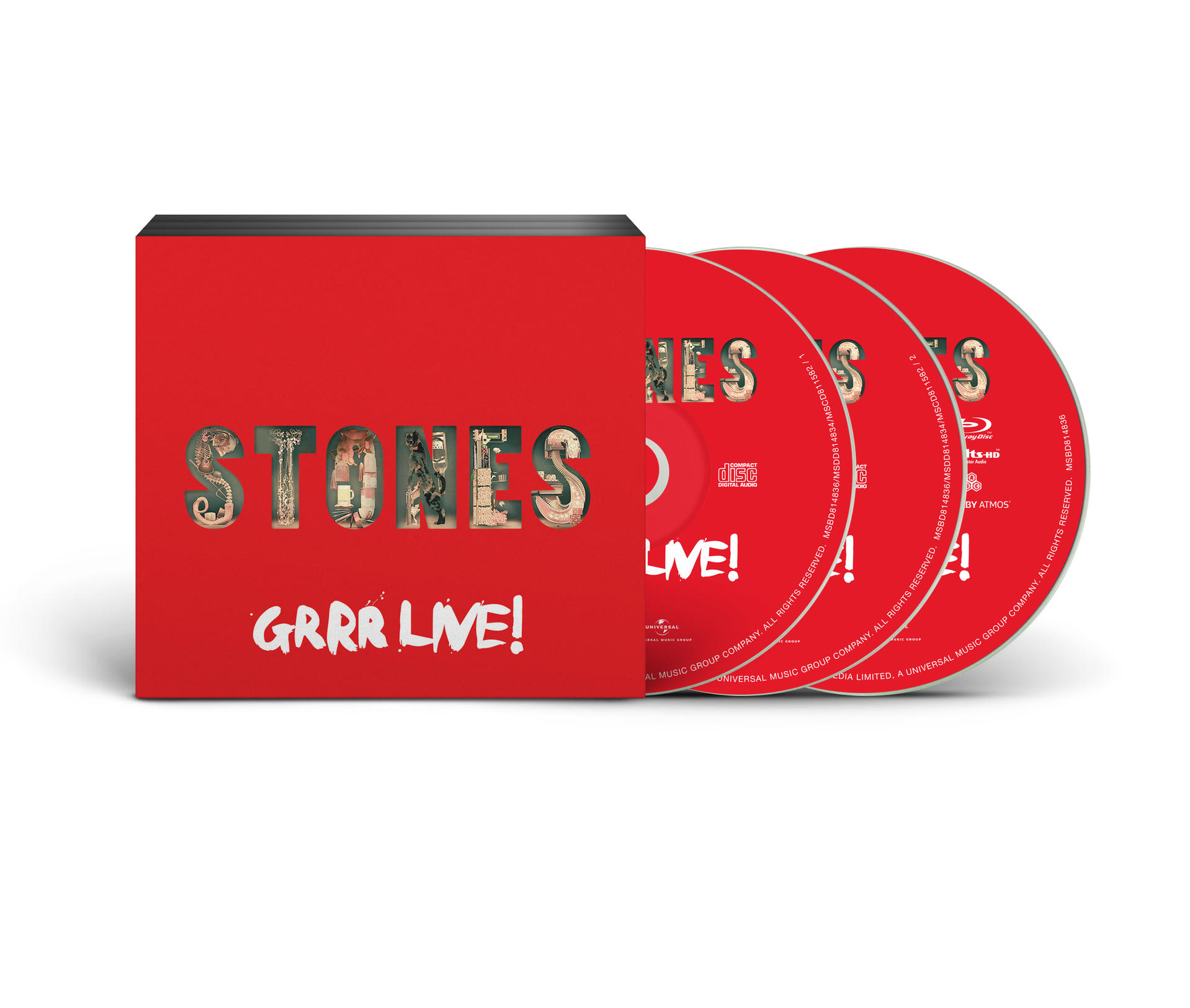 Coffret des albums GRRR! Live des Rolling Stones. 3 CD sont visibles. Boîte rouge avec texte.