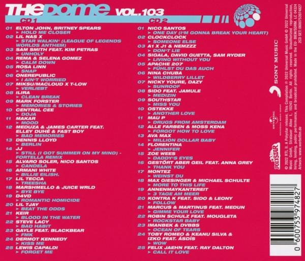 CD-Albumcover mit rotem Hintergrund. Titel: The Dome Vol. 103. Liste der Songs und Künstler.