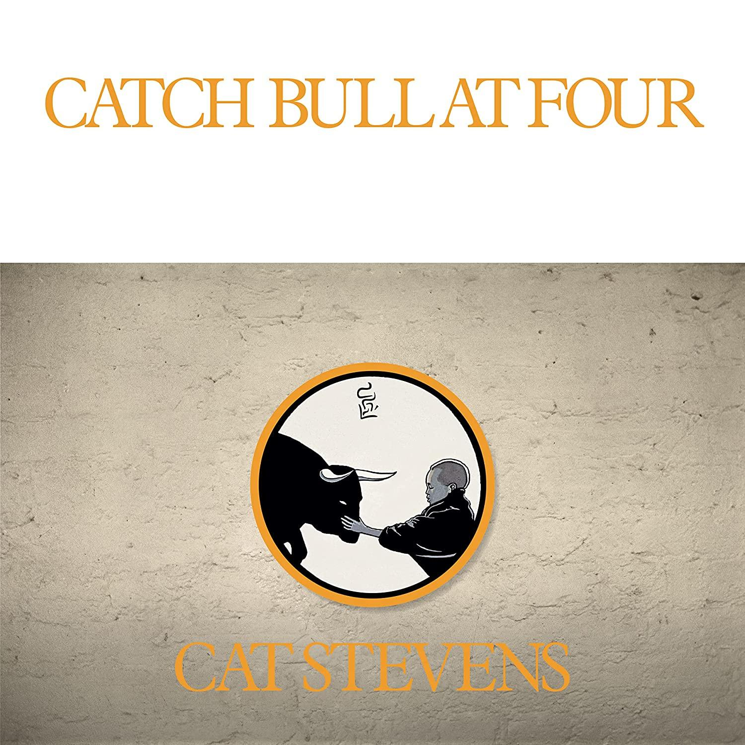 Albumcover. Mann mit Bulle. Text: Catch Bull at Four, Cat Stevens. Beiger Hintergrund.