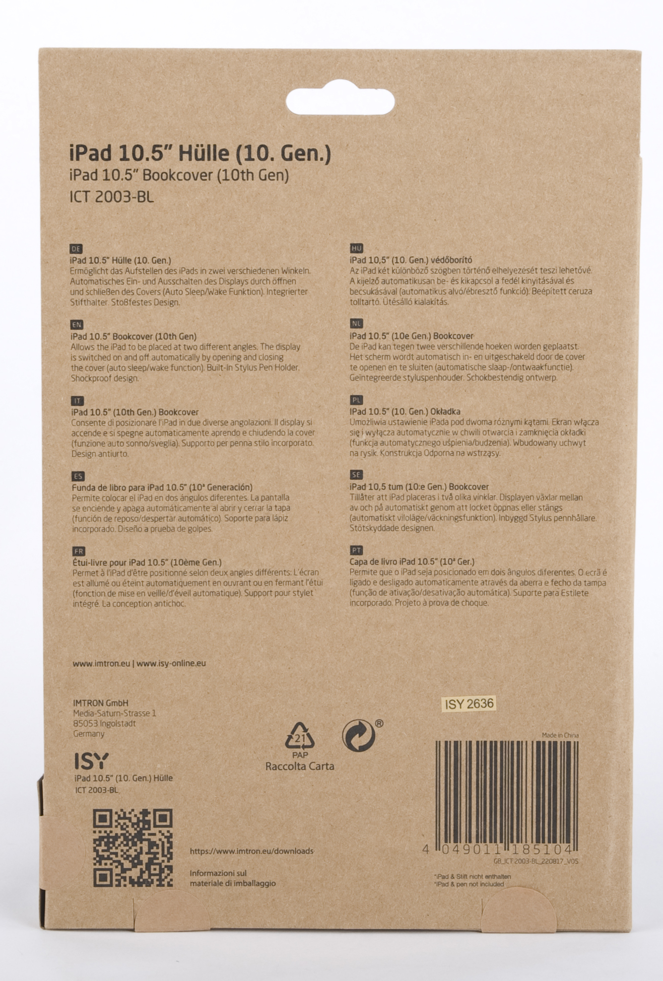iPad-Hüllenverpackung mit Produktinformationen.