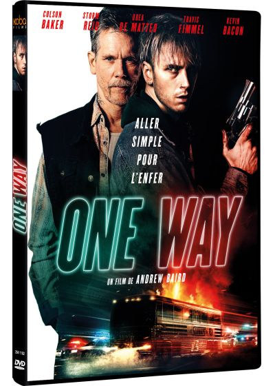 One Way DVD cover. Two men stand, one in the foreground with a gun. A burning bus is in the background.