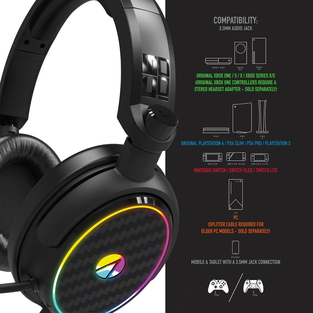 Schwarzes Gaming-Headset mit RGB-Beleuchtung und einem 3,5-mm-Audioanschluss-Kompatibilitätsdiagramm.