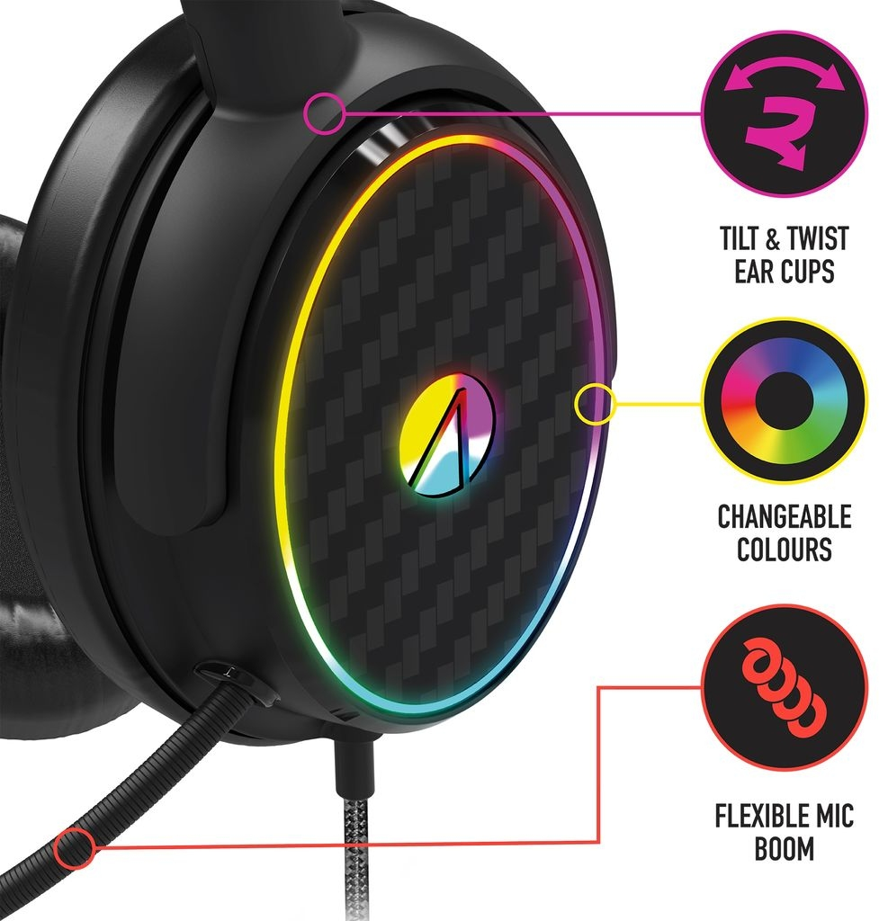 Schwarzes Headset mit farbenfrohen LEDs und flexiblem Mikrofon.