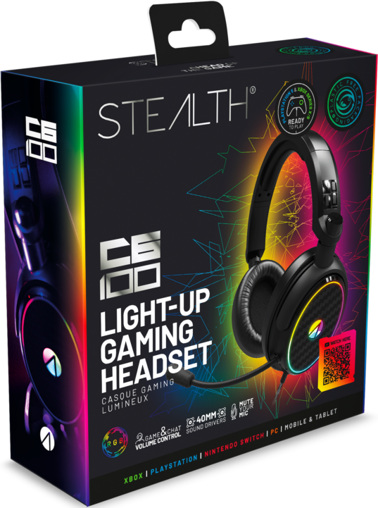 Gaming-Headset-Box mit farbenfrohen Grafiken und Produktdetails.