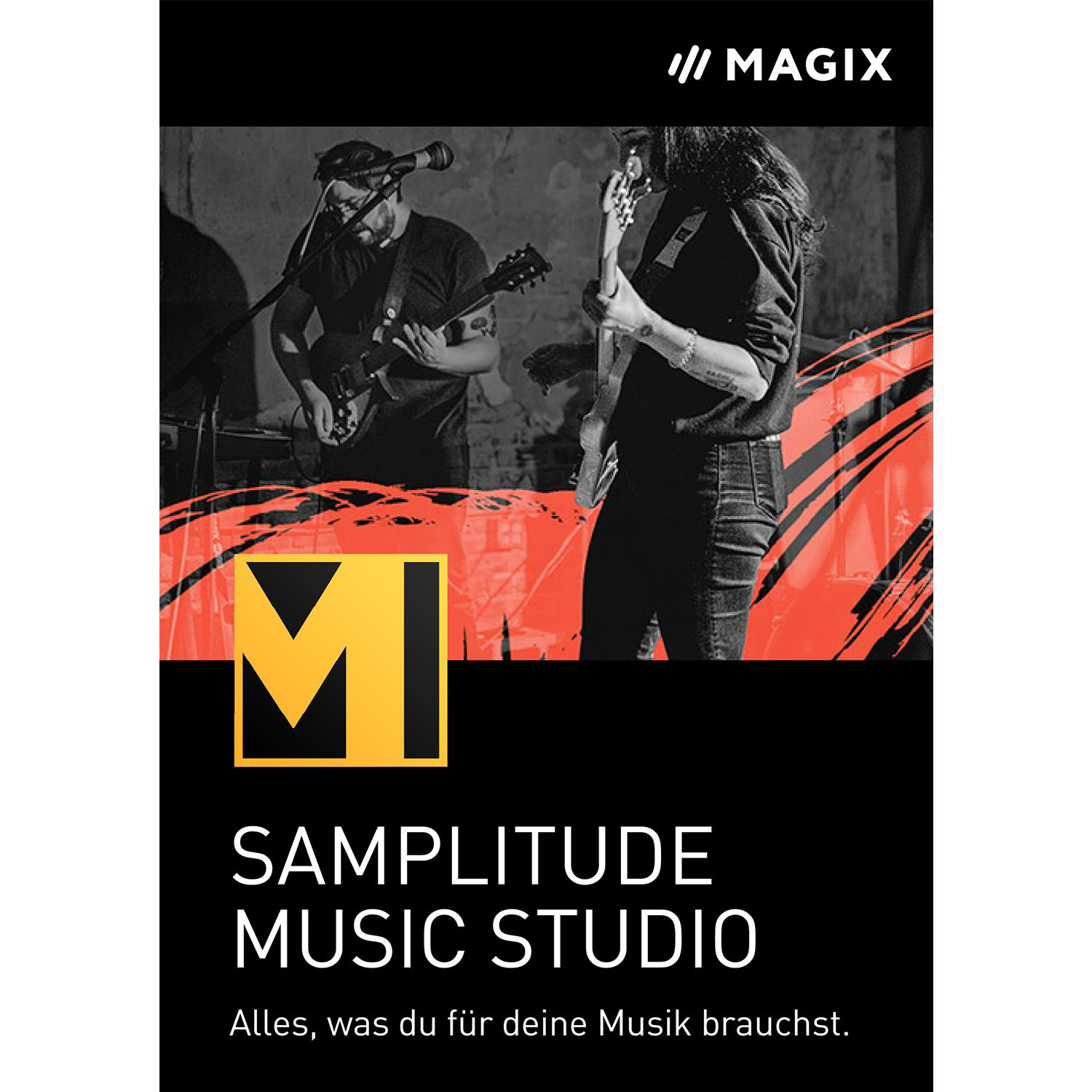 Zwei Musiker auf der Bühne, einer spielt Gitarre. Logo und Produktname sind unten im Bild.