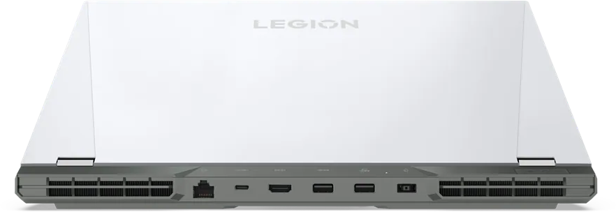 Fehér Legion laptop, hátulról, középen a Legion logóval és látható portokkal.