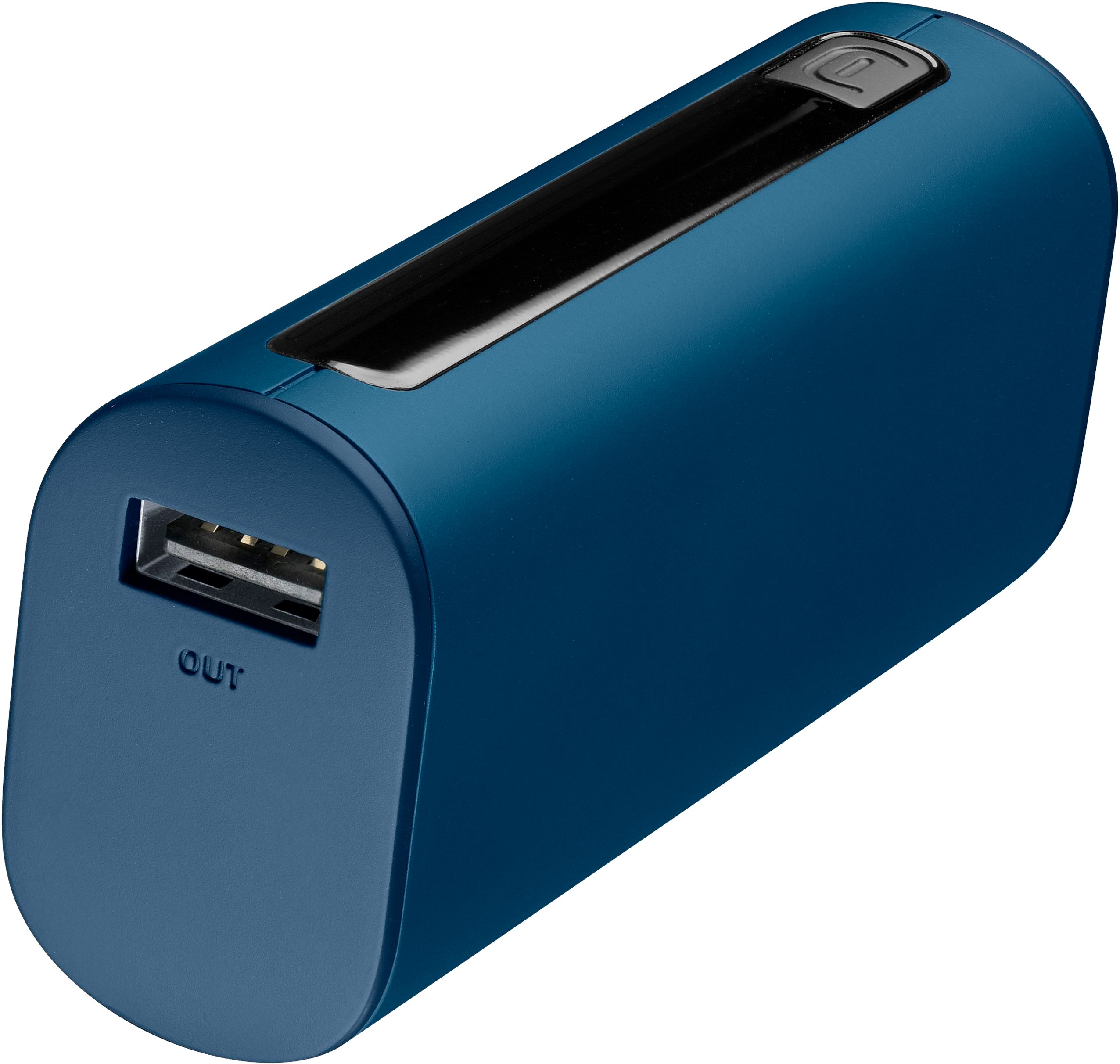 Blaue Powerbank mit USB-Anschluss und schwarzer Taste.