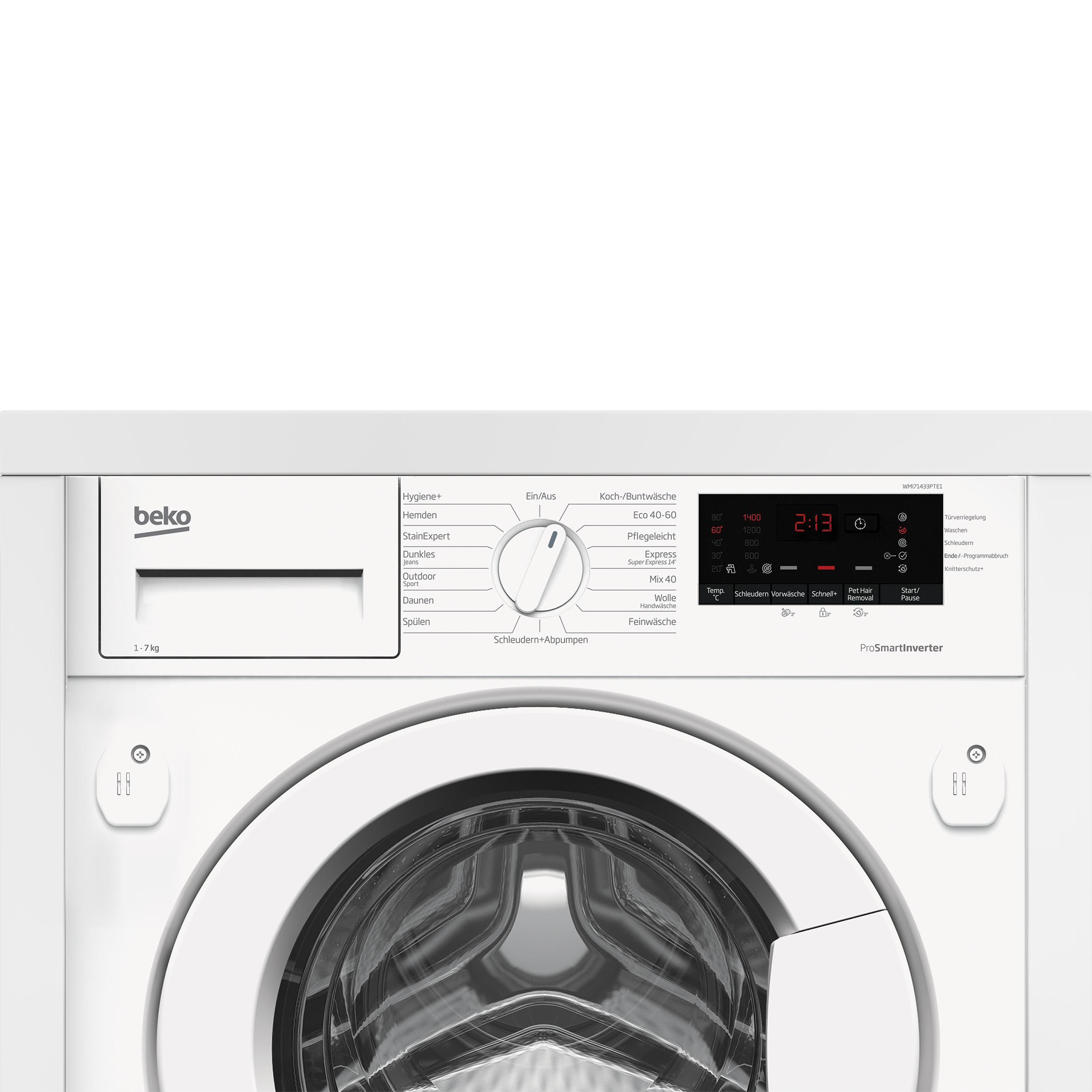 Ein weißes Beko-Waschmaschinen-Bedienfeld, das Einstellungen und die Zeit anzeigt.