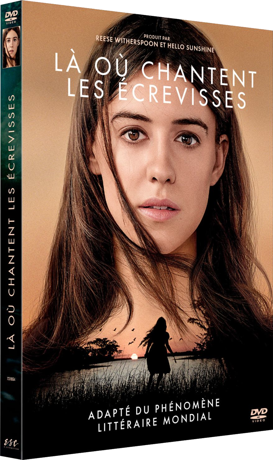 DVD-cover: Jonge vrouw, titel in het Frans en een silhouet op de achtergrond. DVD-hoes.