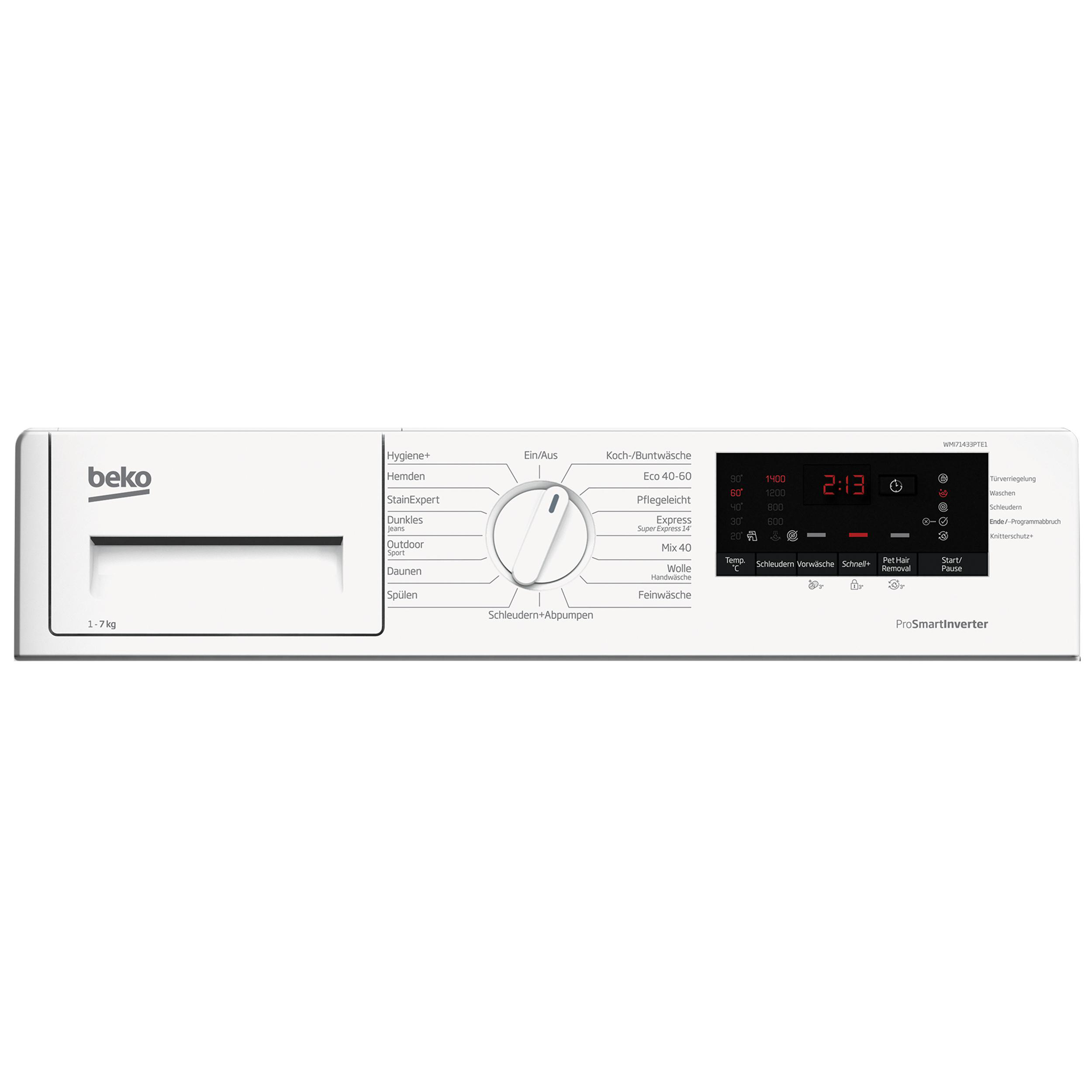 Weißes Waschmaschinen-Bedienfeld. Enthält ein Rad und ein digitales Display. Marke Beko.