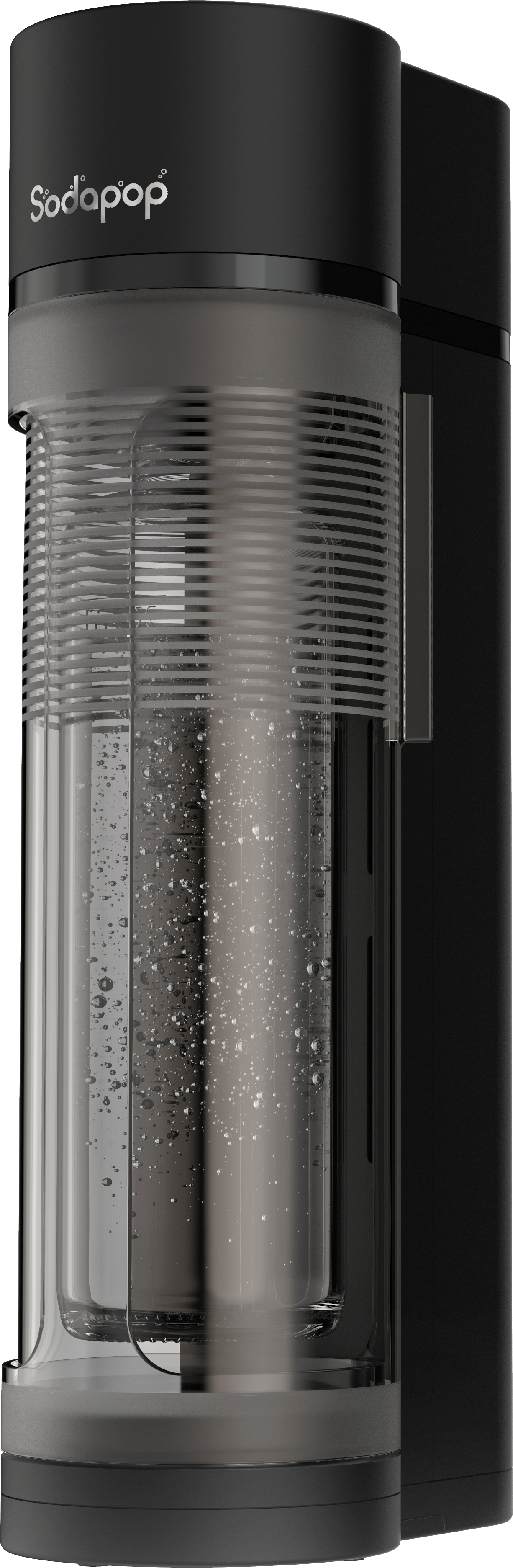 Schwarzer Soda-Maker mit transparentem Wasserbehälter. Der Markenname lautet Sodapop.