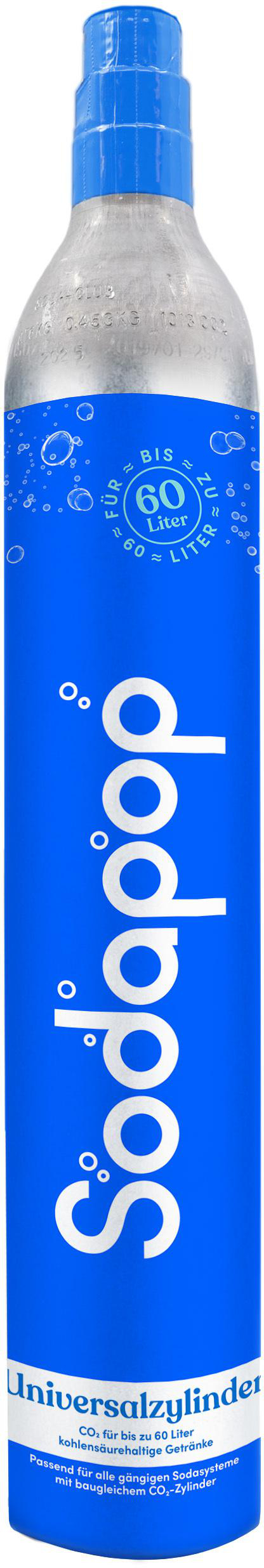 Eine silberne und blaue Zylinderflasche mit weißem Text, blauem Verschluss und Blasen.