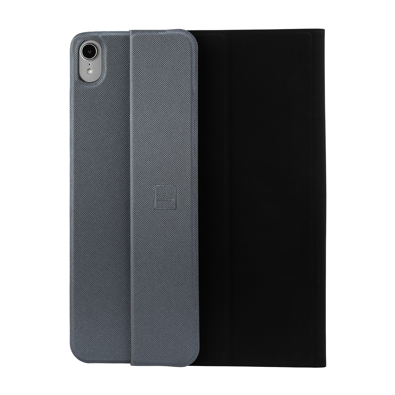 Custodia per tablet grigia, aperta, con interno scuro. Sfondo bianco.