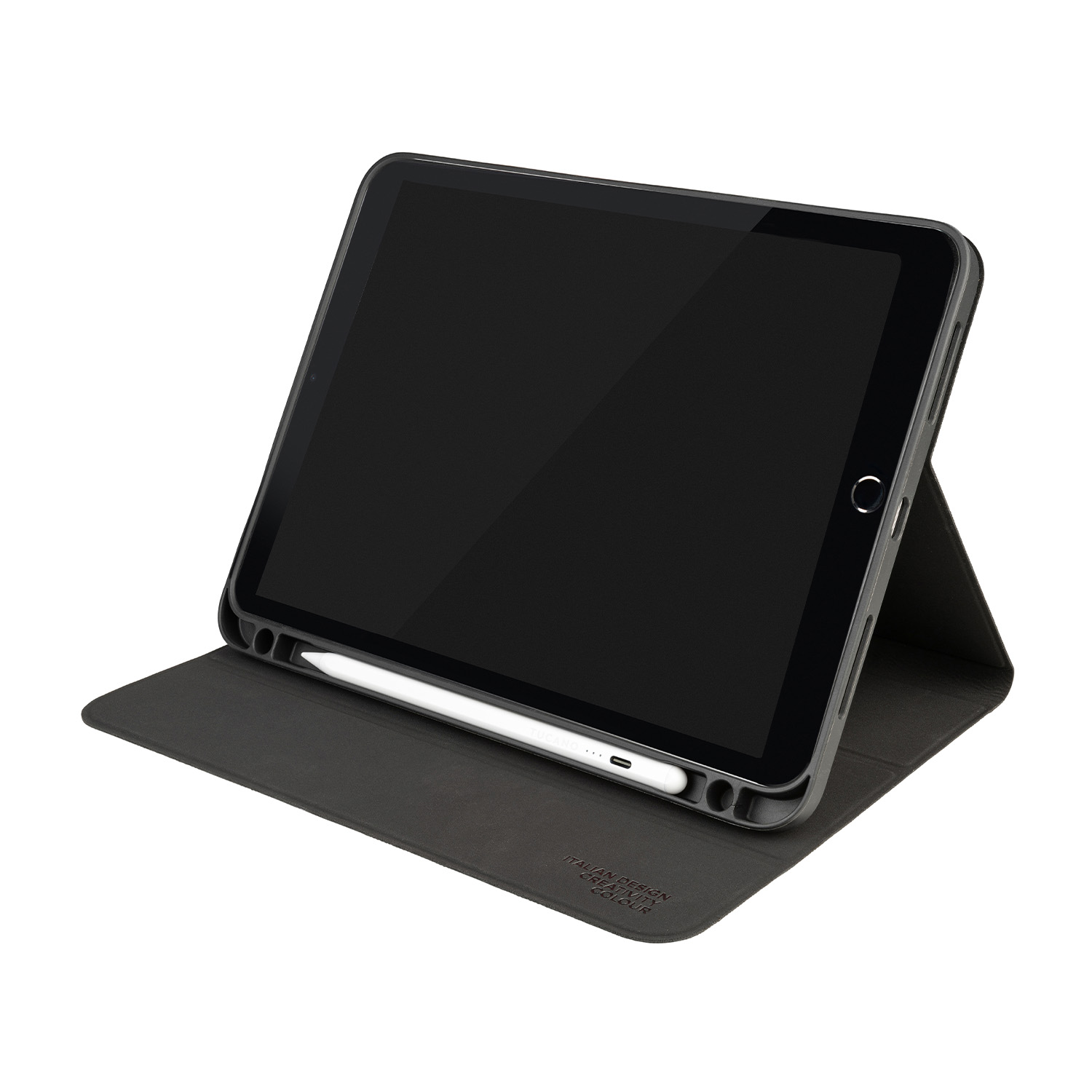 Tablet grigio in custodia con stilo bianco. Lo schermo è nero. La custodia è aperta.
