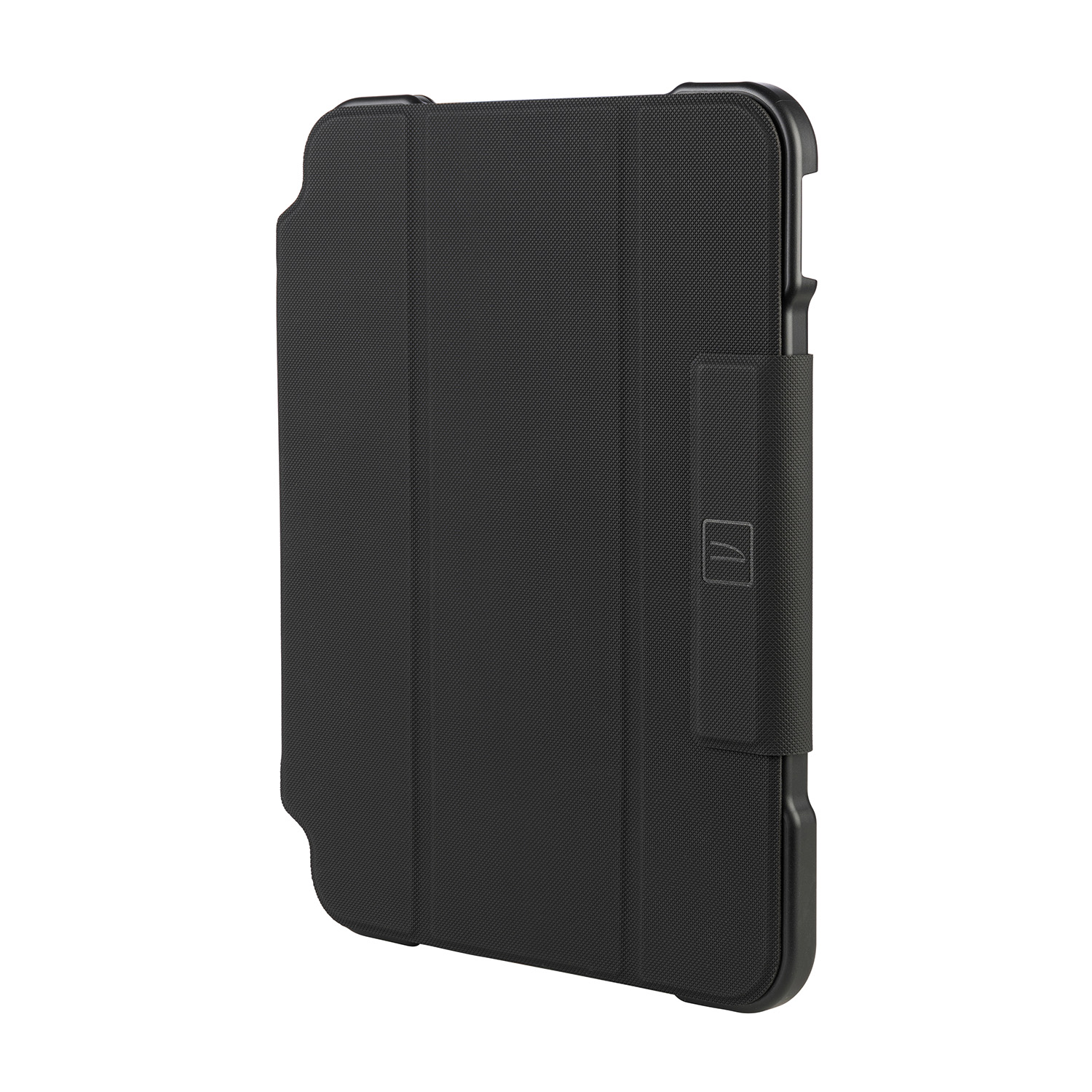 Custodia nera per tablet con patta e cinturino.