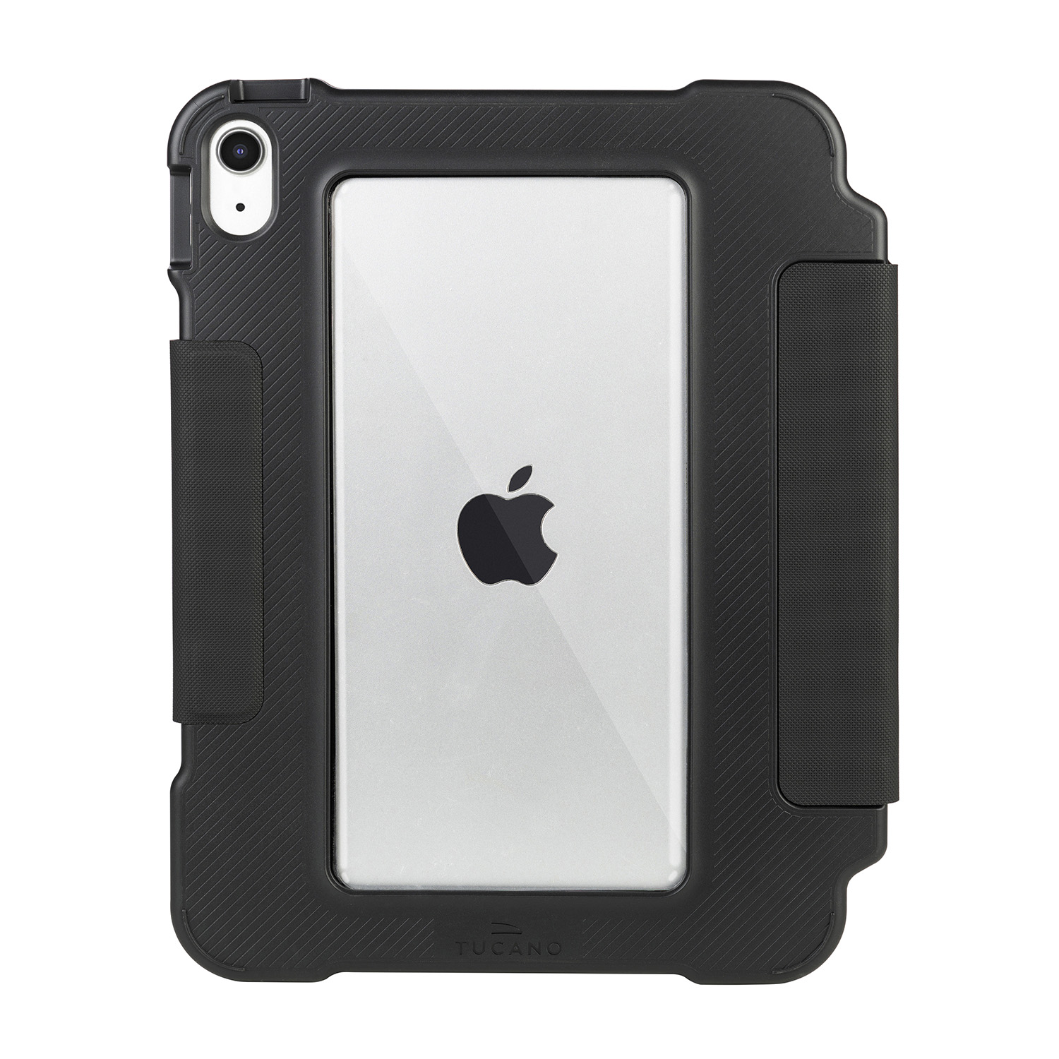 Custodia iPad nera con finestra trasparente, bordi neri e logo. Due cinturini neri sui lati.