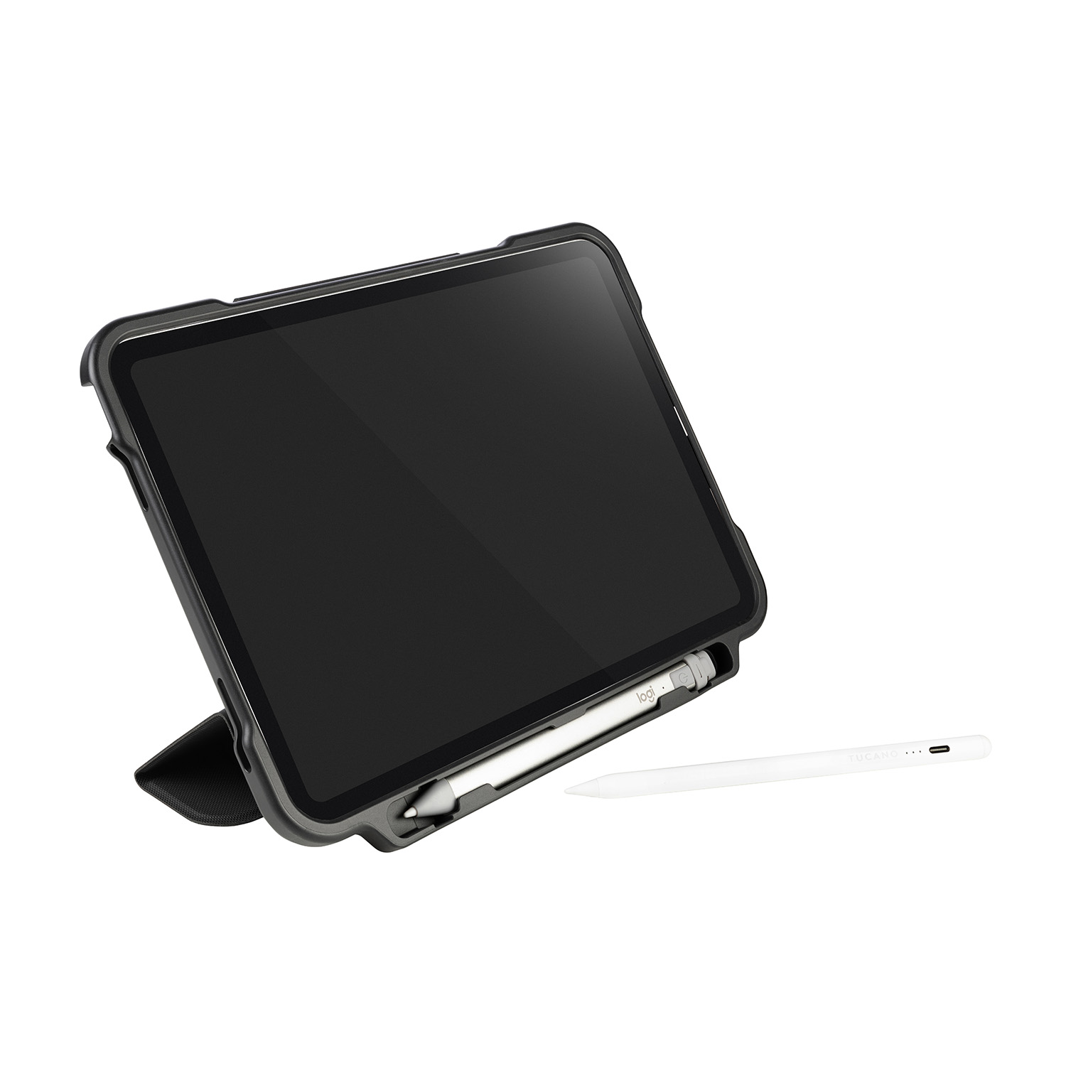 iPad nero in una custodia protettiva con stilo e supporto.