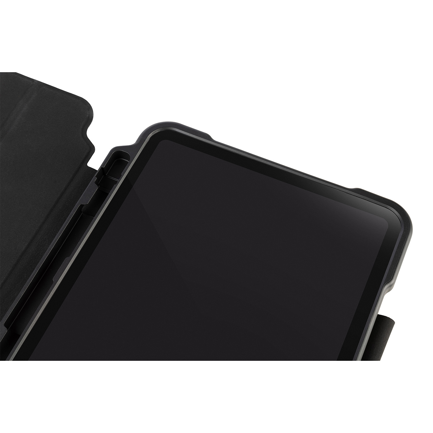 Schermo del tablet in una custodia nera. La custodia è aperta, mostrando lo schermo. Sfondo bianco.