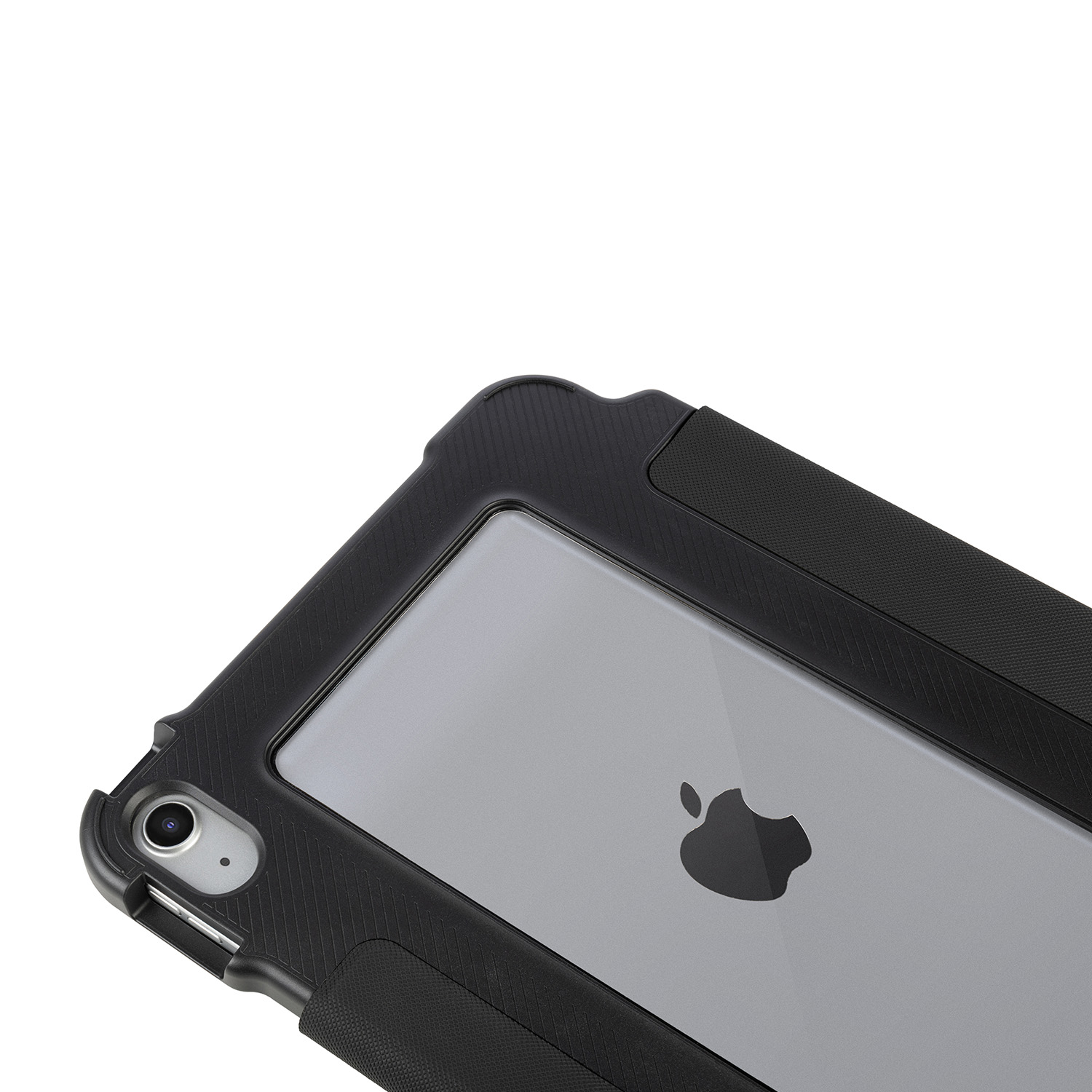 Tablet in custodia nera, con logo Apple visibile, vista angolata.