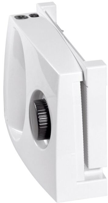 White food slicer, side view, with a large dial and a blade guard.