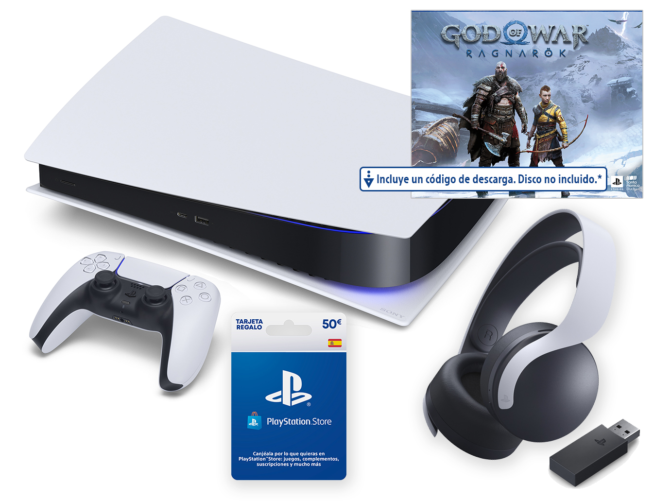 PlayStation 5 con mando, tarjeta de regalo, auriculares y caja de juego.