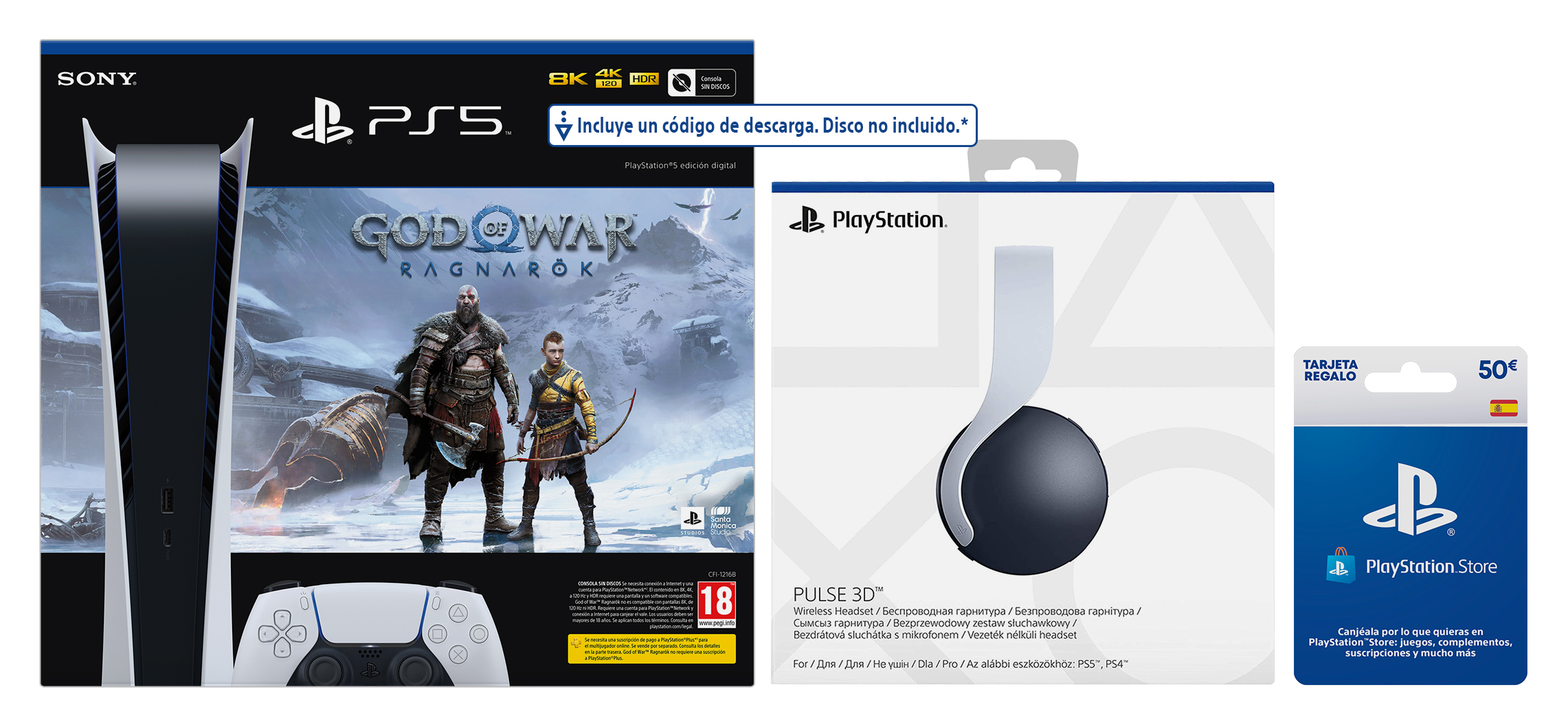 Consola PS5, caja del juego 'God of War', auriculares PS5 y una tarjeta de regalo, todo sobre fondo blanco.