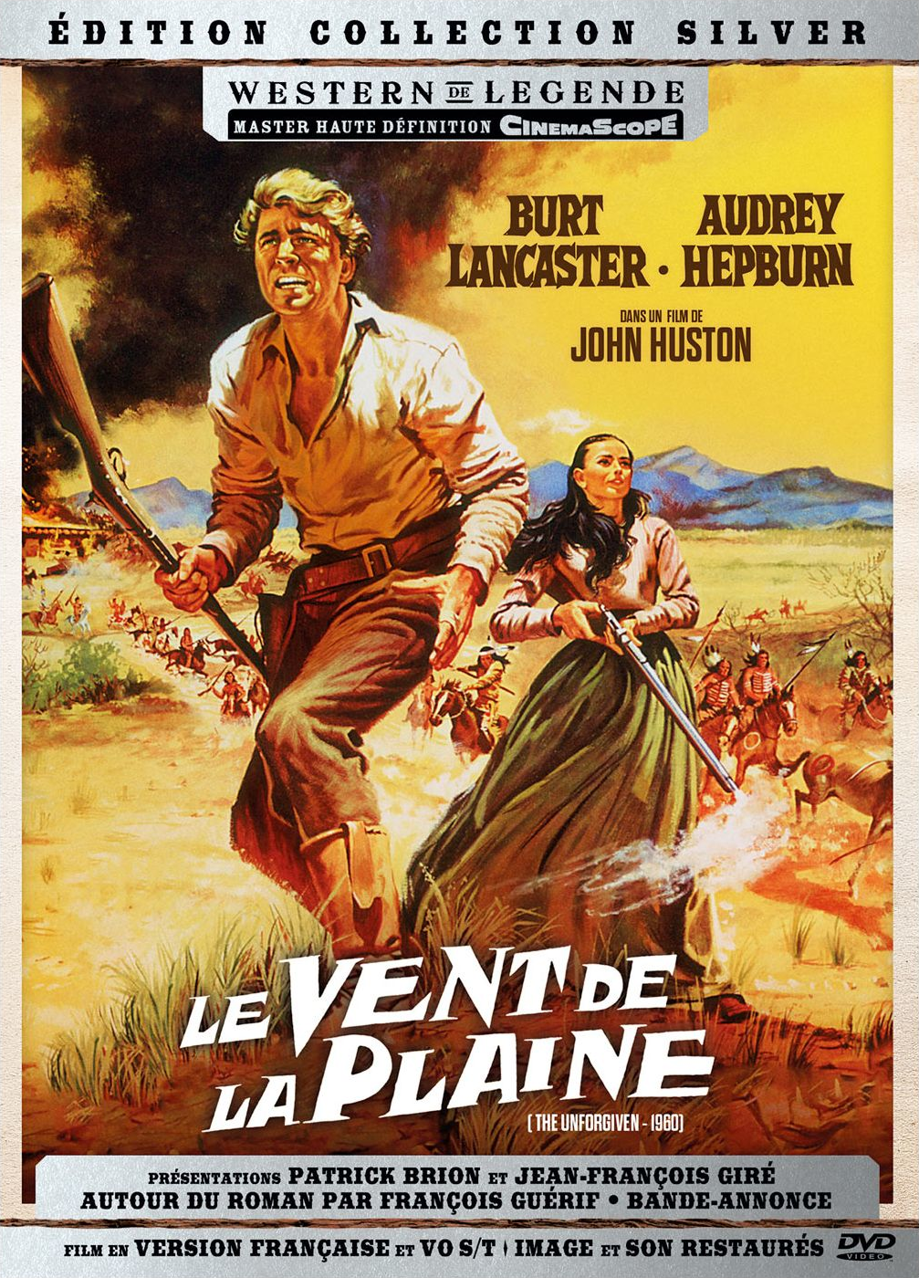 Affiche de film avec Burt Lancaster et Audrey Hepburn de The Unforgiven, dans une scène western.