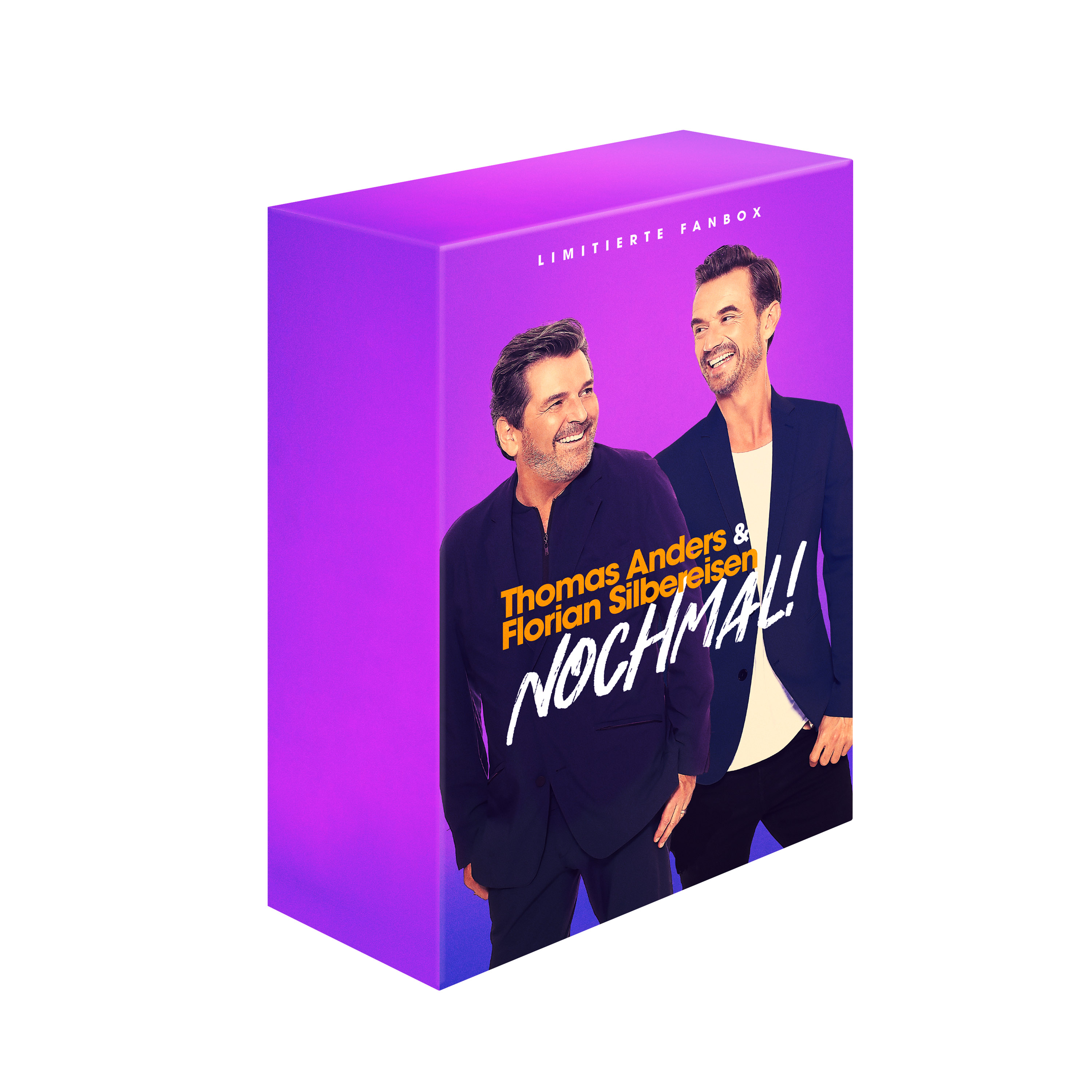 Thomas Anders & Florian Silbereisen Albumbox. Lila Box mit zwei Männern, Text in Weiß.