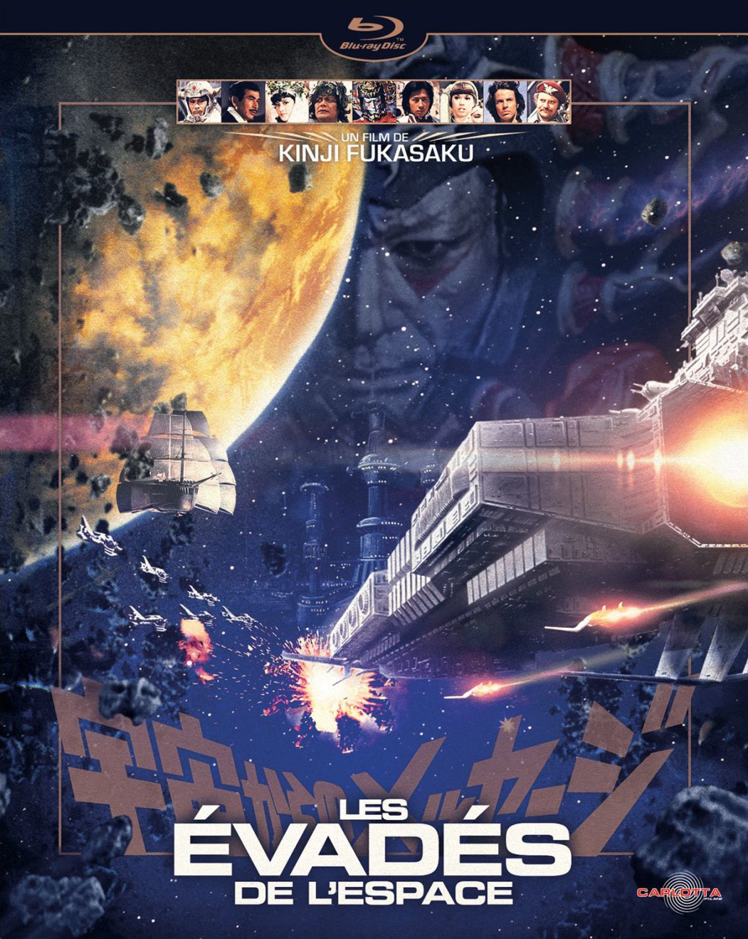 Blu-ray-hoes met ruimtegevechten en de titel "Les Évadés de l'Espace".
