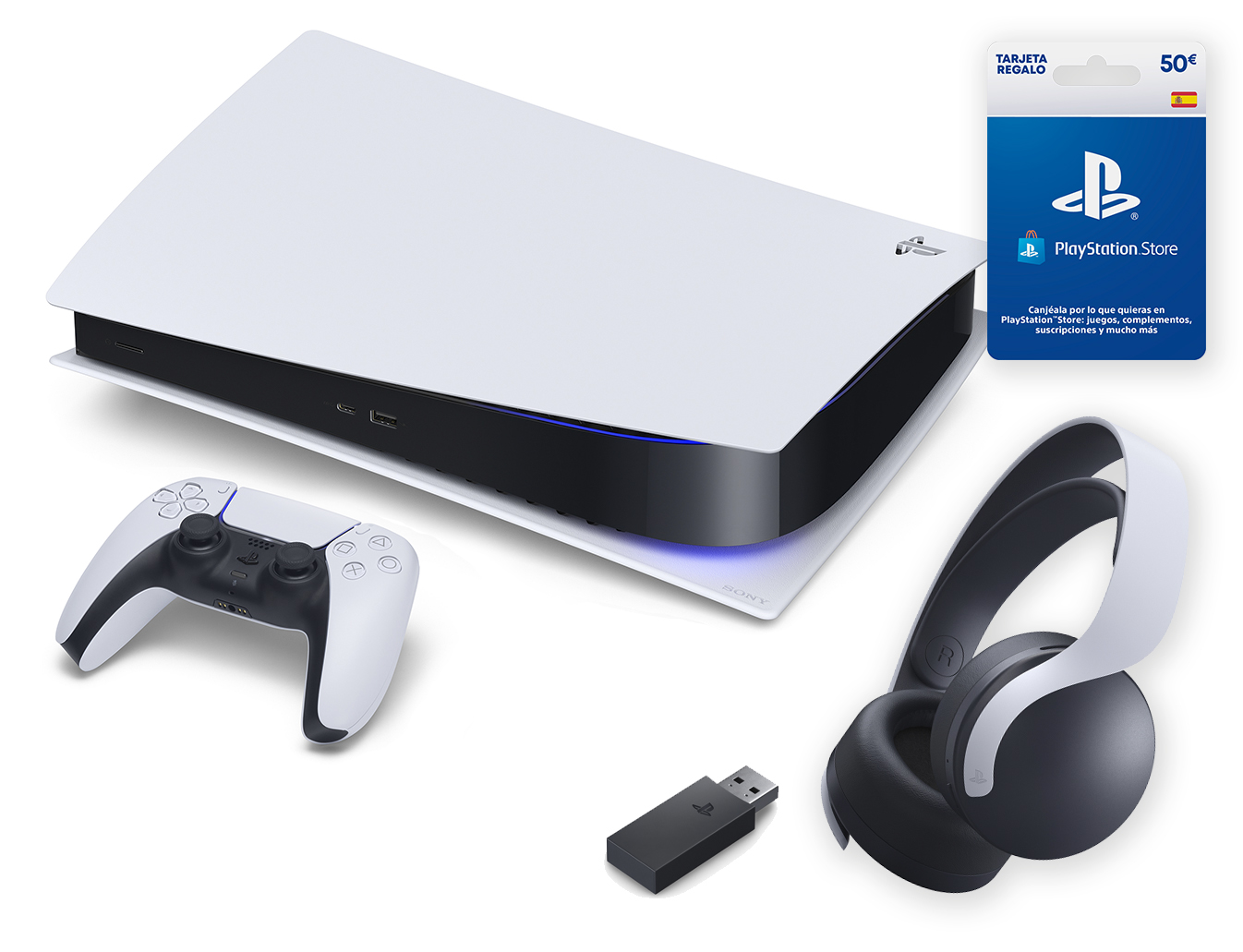 Consola PlayStation 5 con mando, auriculares y tarjeta regalo.