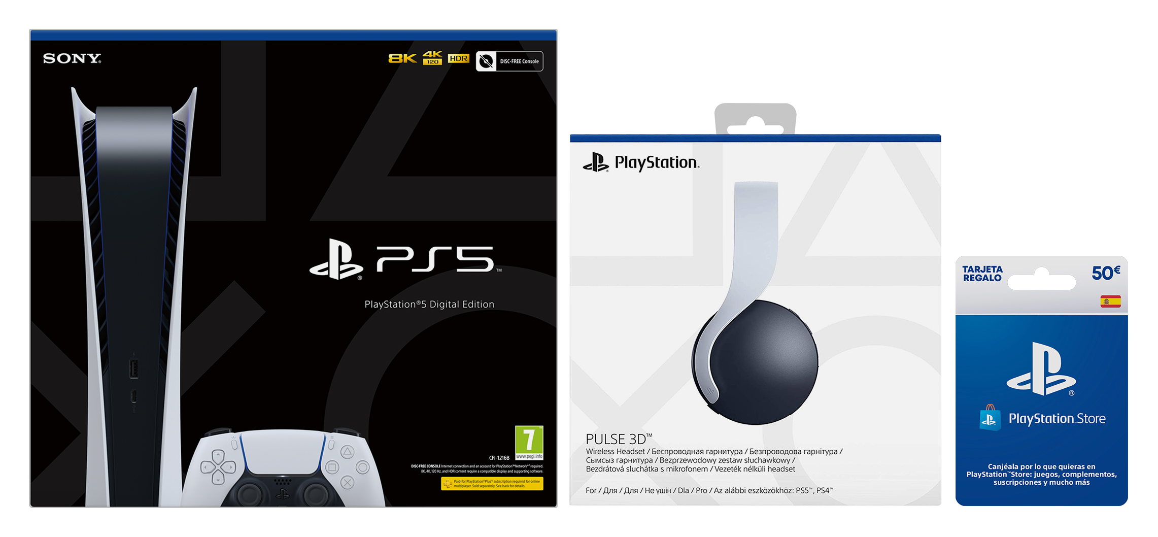 Productos de PlayStation 5: consola, auriculares, tarjeta de regalo. Diseño en blanco y negro.