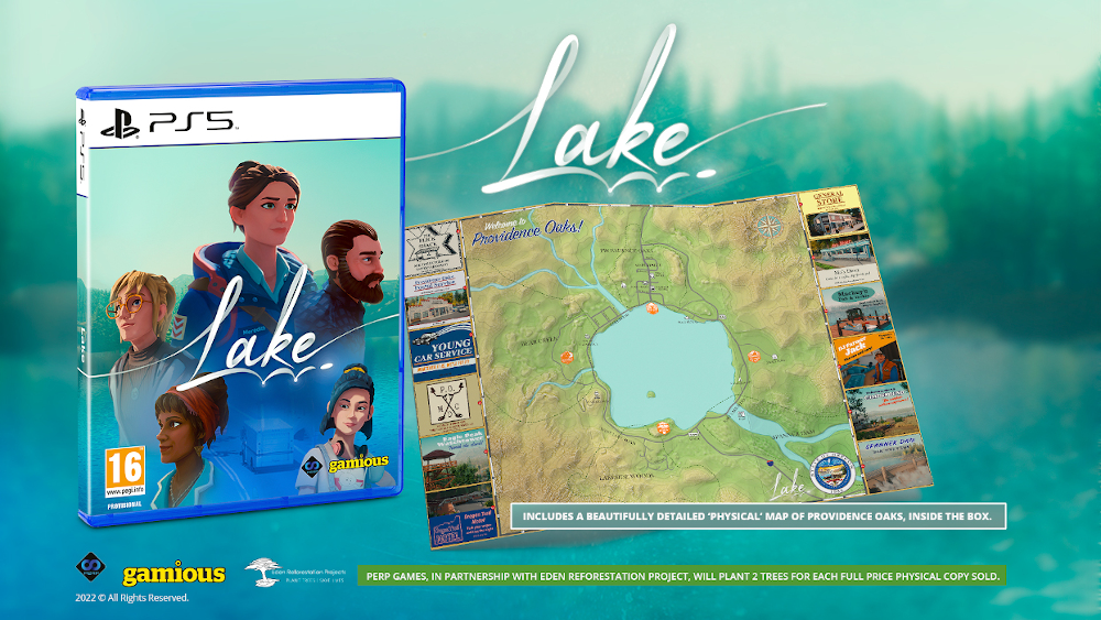 Játékdoboz játékfigurával, térképpel és a 'Lake' játéknévvel.
