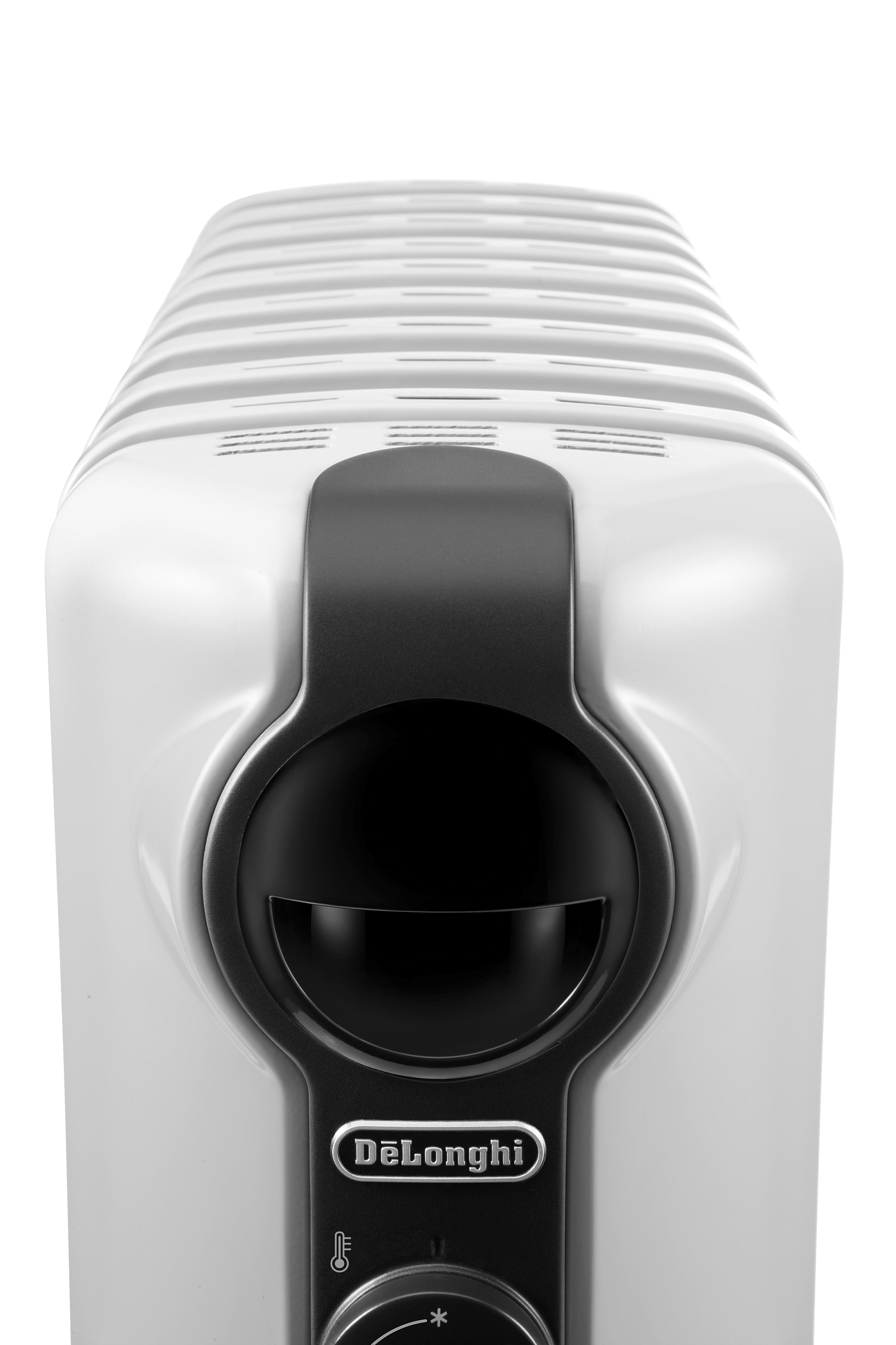 Weißer DeLonghi Ölradiator mit schwarzem Bedienfeld und Drehregler.
