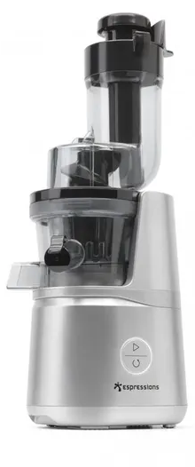 A silver and black juicer with a clear container, on a white background.