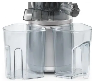 A juicer with two clear plastic collection containers.