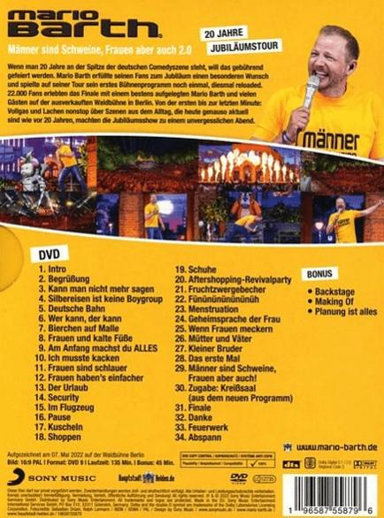 DVD-Hülle mit dem Titel 'Mario Barth'. Gelber Hintergrund, Foto des Mannes.