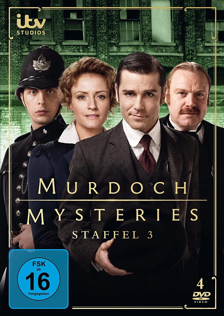 Filmcover mit vier Personen darauf. Der Film heißt 'Murdoch Mysteries' mit dem Titel 'Staffel 3'.