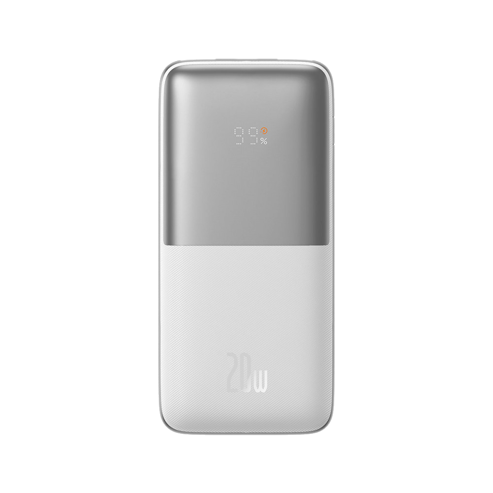 Gri üst ve beyaz alt kısımlı, iki renkli bir powerbank. Dijital ekran %99'u gösteriyor.