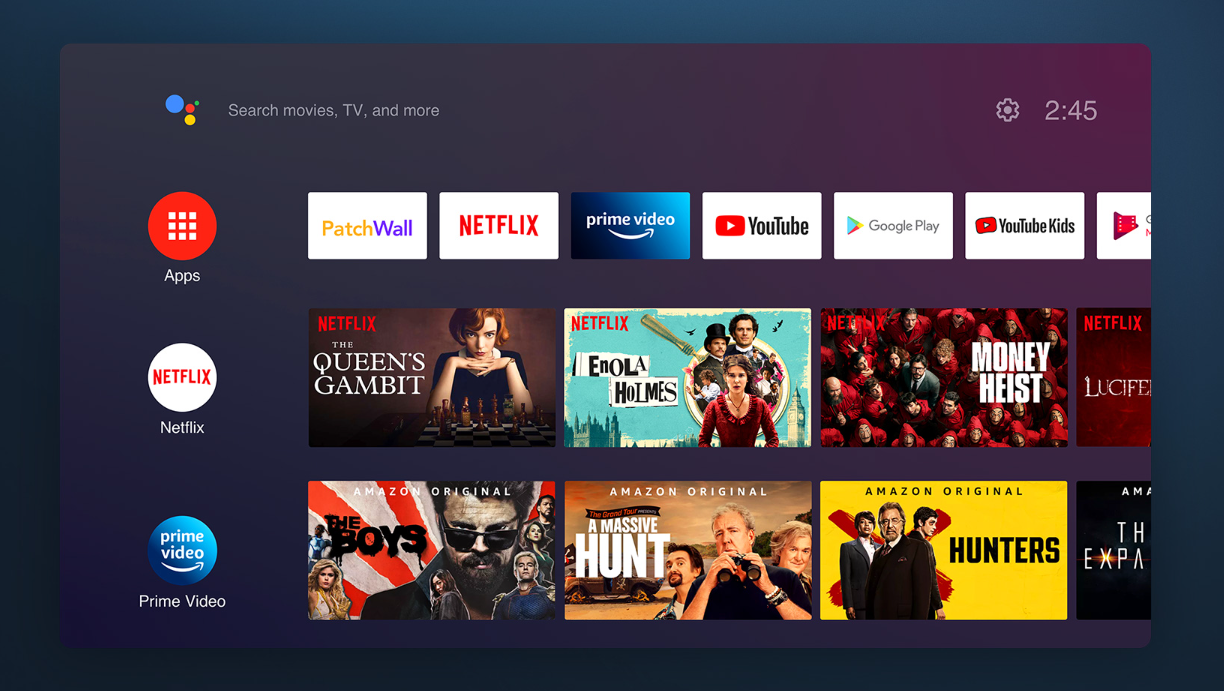 TV ekranı, çeşitli film ve TV şovu küçük resimleriyle bir akış hizmeti ana ekranı.