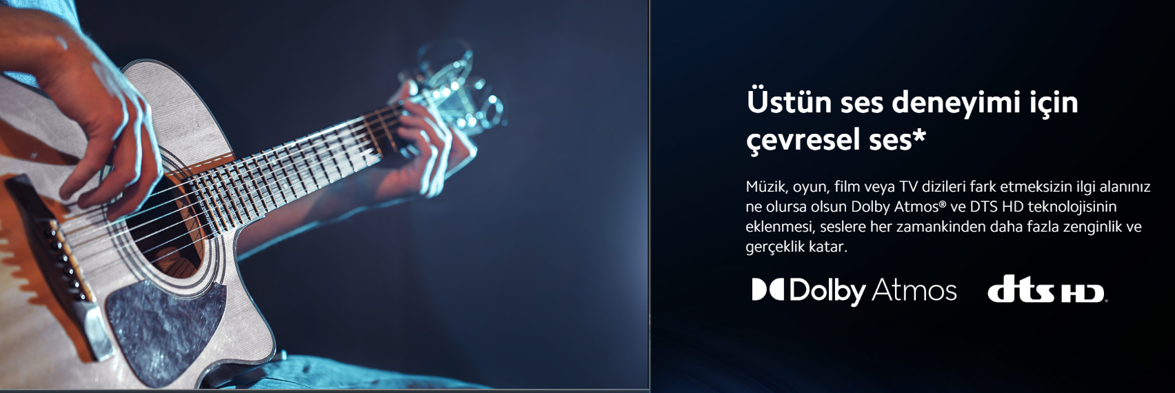 Gitar çalan bir kişi. Surround ses ve Dolby Atmos/DTS:X teknolojileri hakkında metin.