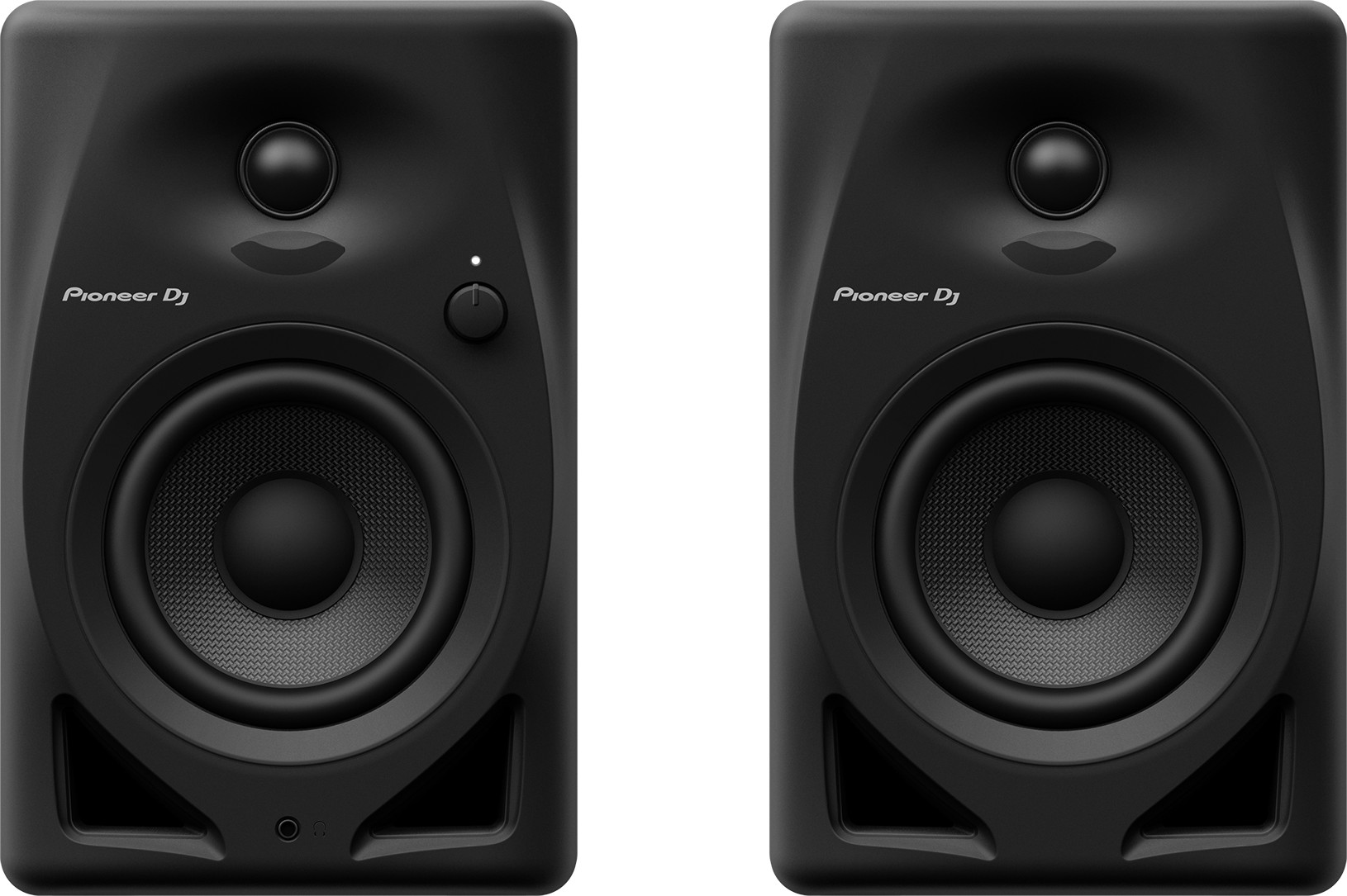 Deux enceintes Pioneer DJ noires avec des boutons de volume.
